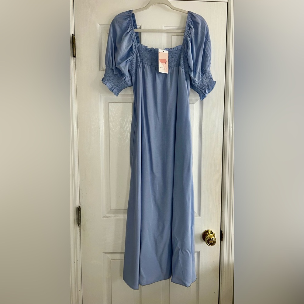Light Blue Smocked Maxi Dress with Pockets - Picture 7 of 8